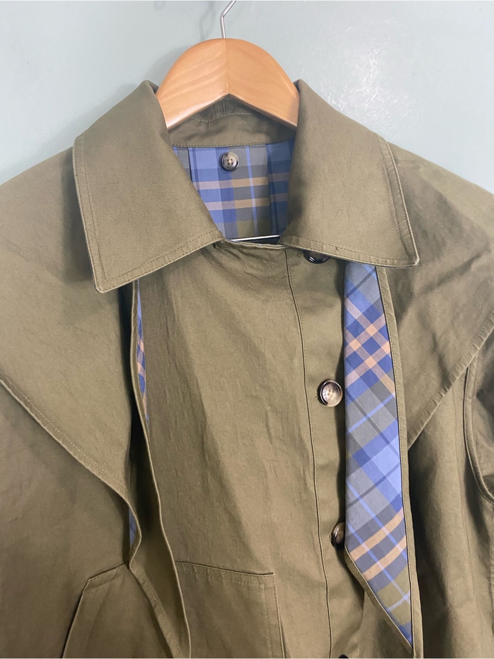 Damson Madder Jerry Short Trench Coat Green Olive Plaid Size 6 - Picture 4 of 6